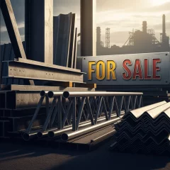 Industriële omgeving met groot bord waarop staat 'For Sale'