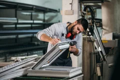 Man bekijkt in een werkplaats aandacht naar de scharnieren van een raamkozijn