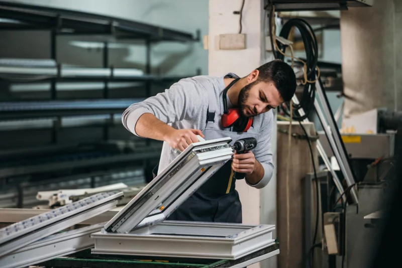 Man bekijkt in een werkplaats aandacht naar de scharnieren van een raamkozijn