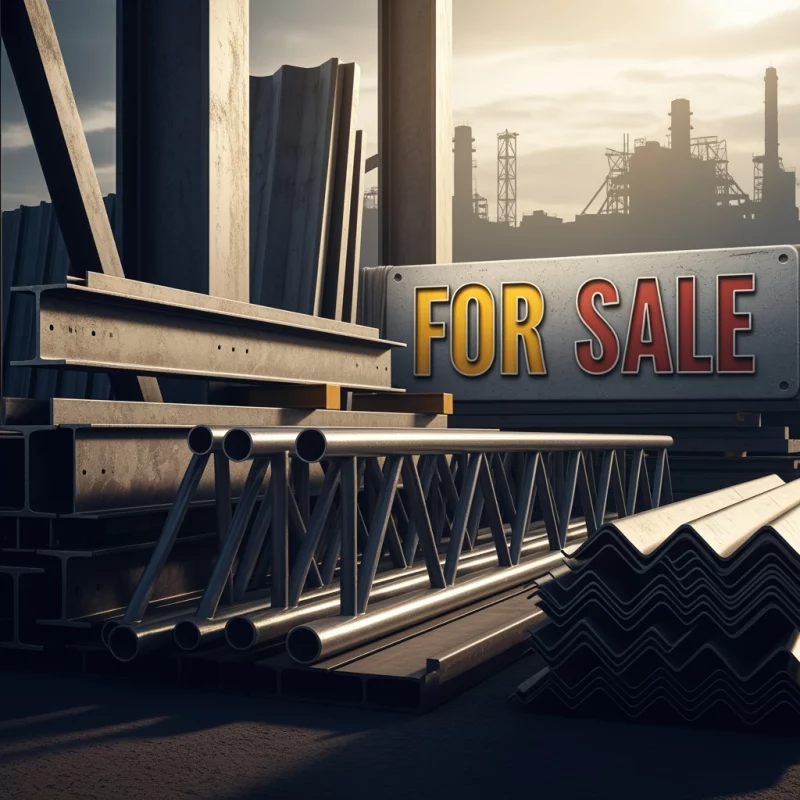 Industriële omgeving met groot bord waarop staat 'For Sale'