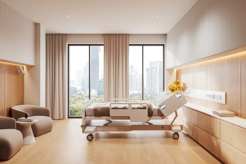 Ziekenhuisbed staat in huiselijke kamer